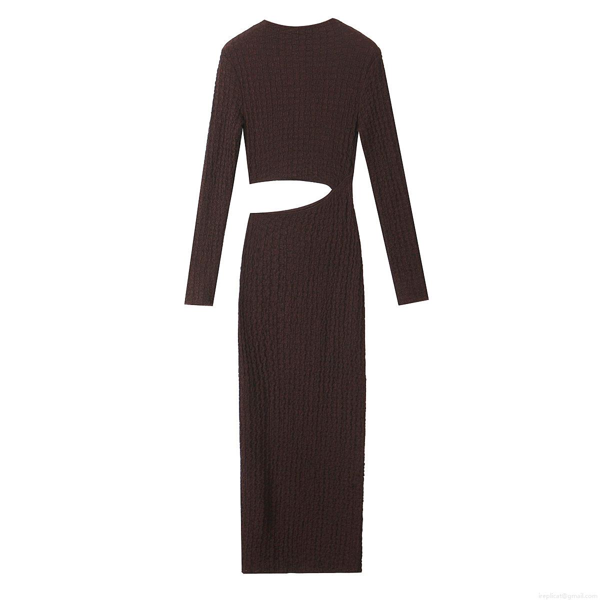 Sexy Hollow Out Bodycon Midi Dress Women Textured Polyester Long Sleeve Round Neck Streetwear Party Clubwear Slim Fit Fall Solid Color Dress
