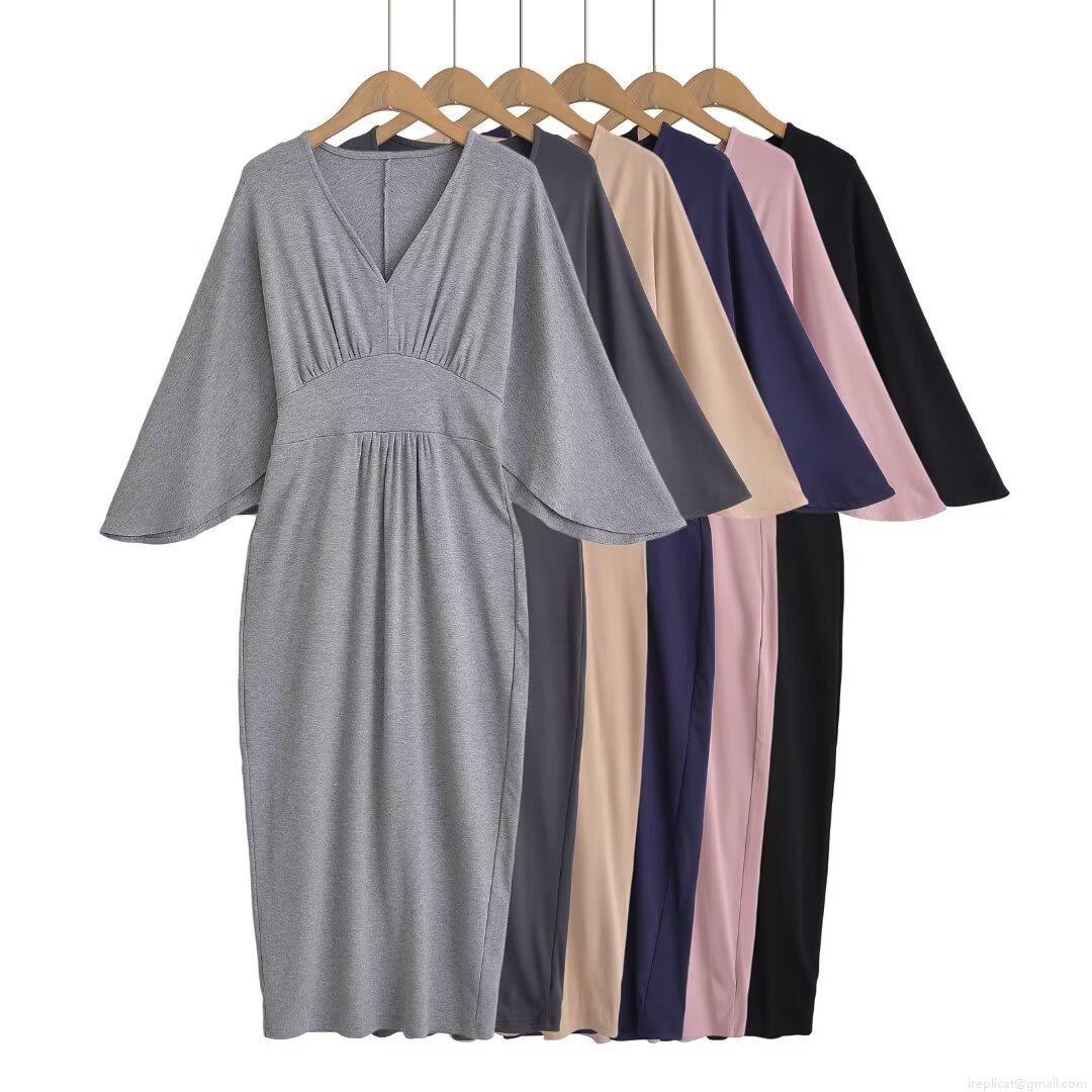 Women's V-Neck Batwing Sleeve Knitted Midi Dress Solid Color Waist Cinched Slim Fit Polyester Fall Winter Casual Streetwear Long Dress Women's V-Neck Batwing Sleeve Knitted Midi Dress Solid Color Waist Cinched Slim Fit Polyester Fall Winter Casual Streetwear Long Dress