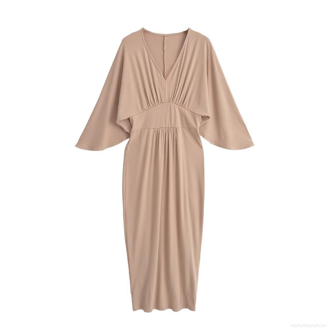 Women\'s V-Neck Batwing Sleeve Knitted Midi Dress Solid Color Waist Cinched Slim Fit Polyester Fall Winter Casual Streetwear Long Dress