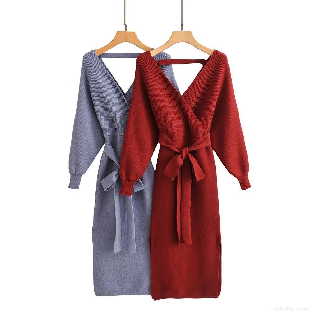 Women's V-Neck Knit Midi Dress Long Sleeve Ribbed Wrap Front Belted Waist Side Slit Winter Elegant Solid Color Casual Pullover Dress Women's V-Neck Knit Midi Dress Long Sleeve Ribbed Wrap Front Belted Waist Side Slit Winter Elegant Solid Color Casual Pullover Dress