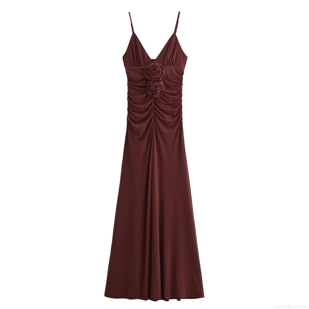 Sexy Women's 3D Rose Flower Spaghetti Strap Midi Dress Ruched V-Neck Slim Fit Evening Party Bodycon Slip Dress Coffee Burgundy Polyester Streetwear Dress Sexy Women's 3D Rose Flower Spaghetti Strap Midi Dress Ruched V-Neck Slim Fit Evening Party Bodycon Slip Dress Coffee Burgundy Polyester Streetwear Dress