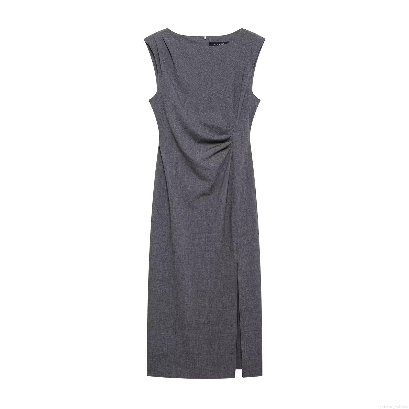 Women's Elegant Grey Sleeveless Midi Dress Ruched Waist Side Slit Crew Neck A-Line Long Dress Fashion Solid Color Polyester Bodycon Dresses For Party Streetwear Women's Elegant Grey Sleeveless Midi Dress Ruched Waist Side Slit Crew Neck A-Line Long Dress Fashion Solid Color Polyester Bodycon Dresses For Party Streetwear