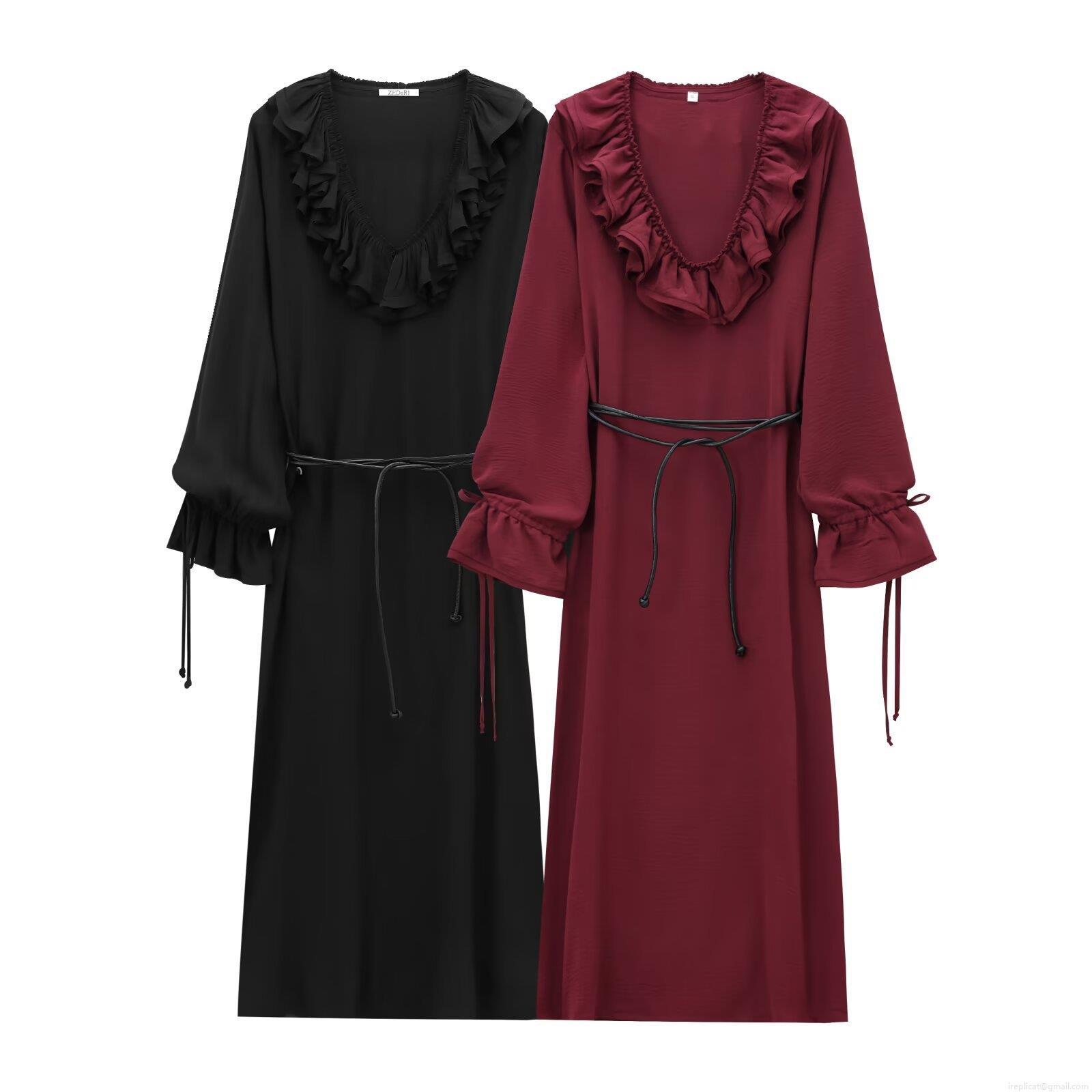 Women's Elegant Long Sleeve Midi Dress V-Neck Ruffle Chiffon Tiered Solid Color A-Line Dress With Belt For Party Streetwear Ladies Clothing Women's Elegant Long Sleeve Midi Dress V-Neck Ruffle Chiffon Tiered Solid Color A-Line Dress With Belt For Party Streetwear Ladies Clothing