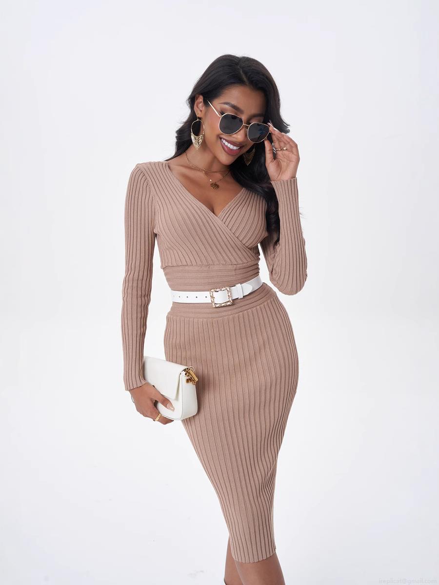 Women's Ribbed Knit Midi Dress Sexy Double V-Neck Long Sleeve Slim Fit Wrapped Rayon Nylon Blend Solid Color Elegant Daily Wear Bodycon Dress Women's Ribbed Knit Midi Dress Sexy Double V-Neck Long Sleeve Slim Fit Wrapped Rayon Nylon Blend Solid Color Elegant Daily Wear Bodycon Dress