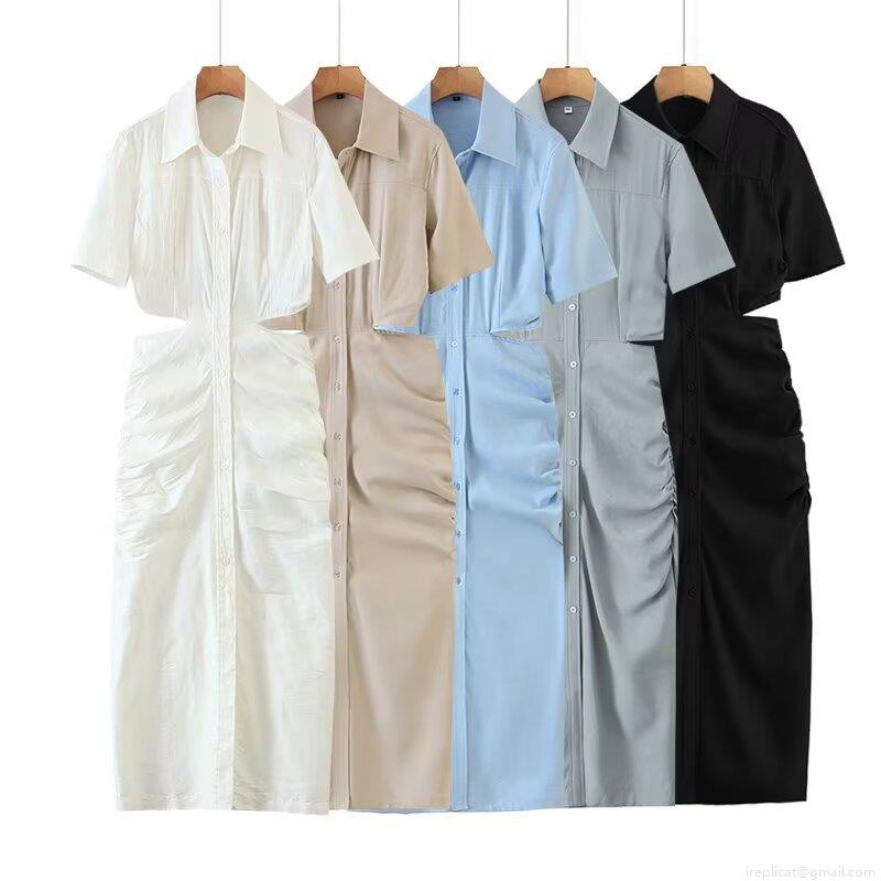 Women's Solid Color Polyester Hollow Out Waist Shirt Dress Short Sleeve Ruffled Midi Dress For Vacation Streetwear Party Clubwear Women's Solid Color Polyester Hollow Out Waist Shirt Dress Short Sleeve Ruffled Midi Dress For Vacation Streetwear Party Clubwear