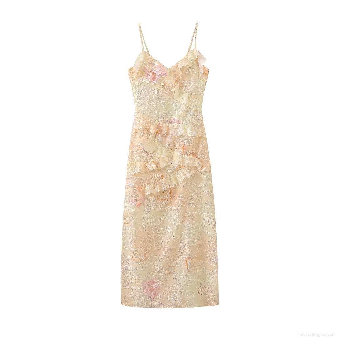 Women\'s Summer Floral Suspender Dress Sexy V-Neck 3D Jacquard Ruffle Midi Dress Elegant Vacation Sleeveless Polyester Sundress For Women Party Beach