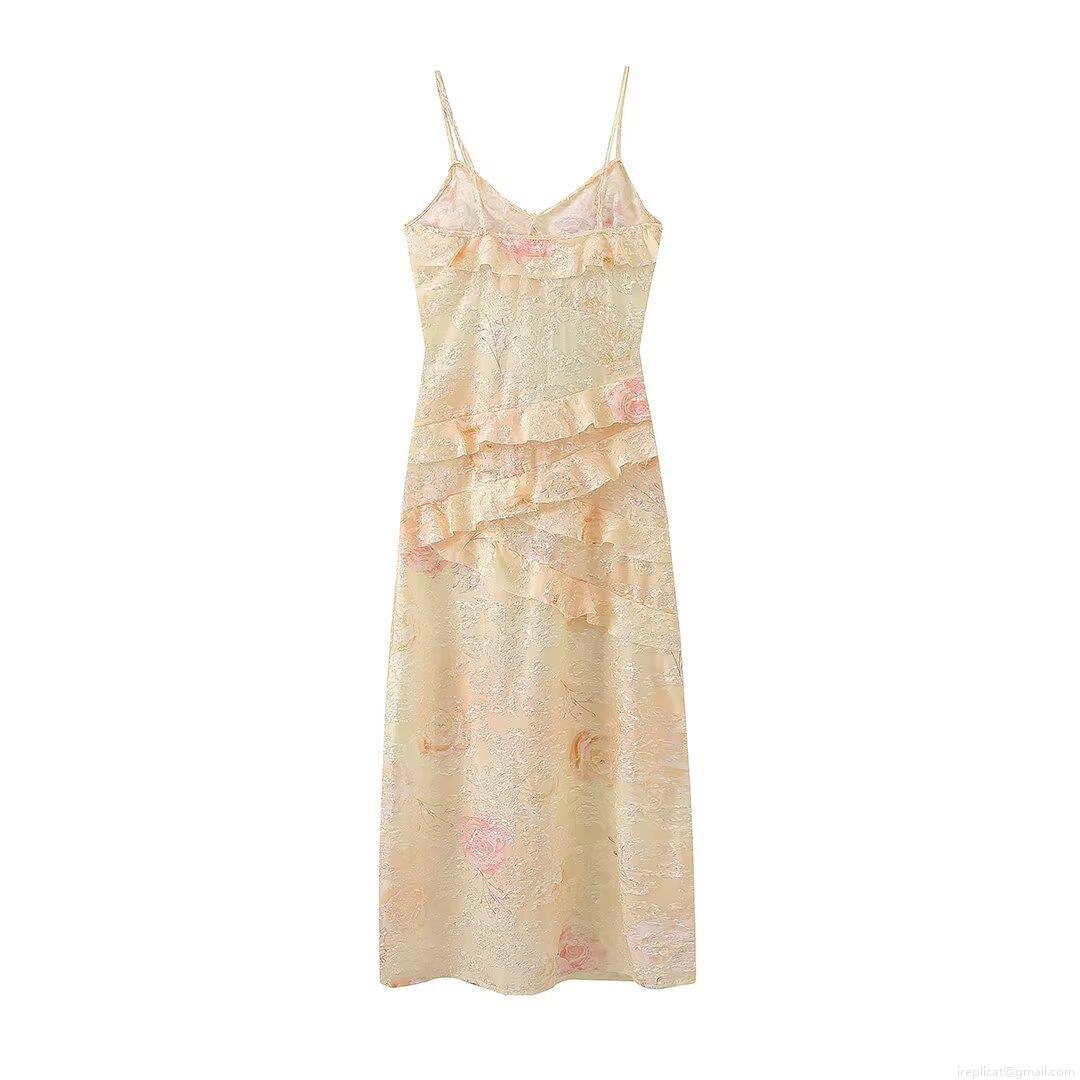 Women\'s Summer Floral Suspender Dress Sexy V-Neck 3D Jacquard Ruffle Midi Dress Elegant Vacation Sleeveless Polyester Sundress For Women Party Beach