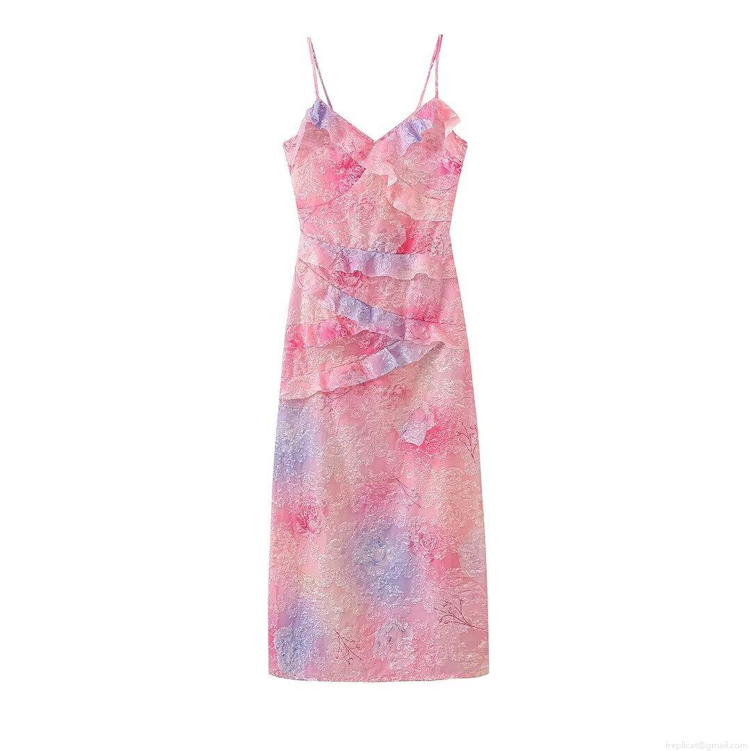 Women\'s Summer Floral Suspender Dress Sexy V-Neck 3D Jacquard Ruffle Midi Dress Elegant Vacation Sleeveless Polyester Sundress For Women Party Beach
