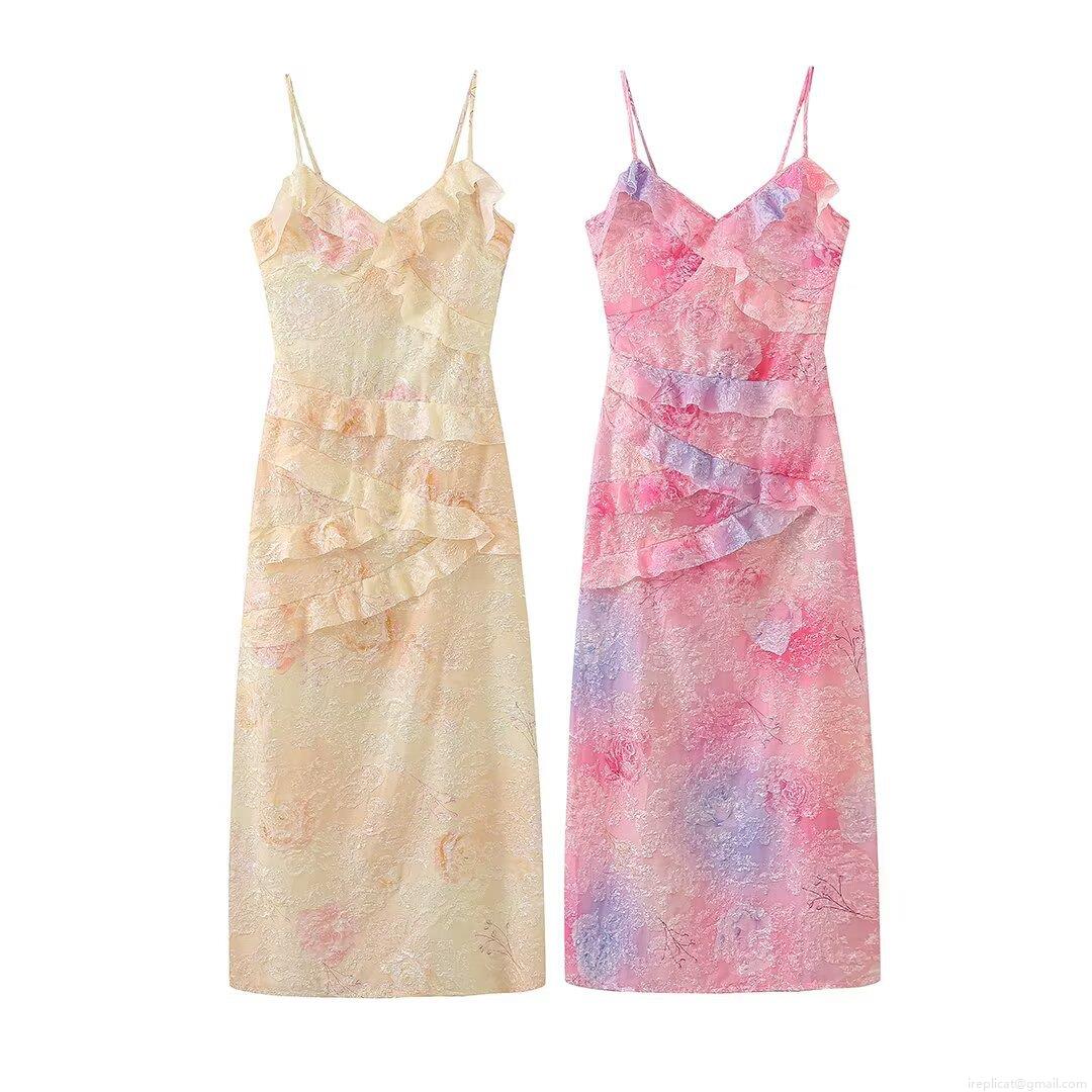Women\'s Summer Floral Suspender Dress Sexy V-Neck 3D Jacquard Ruffle Midi Dress Elegant Vacation Sleeveless Polyester Sundress For Women Party Beach