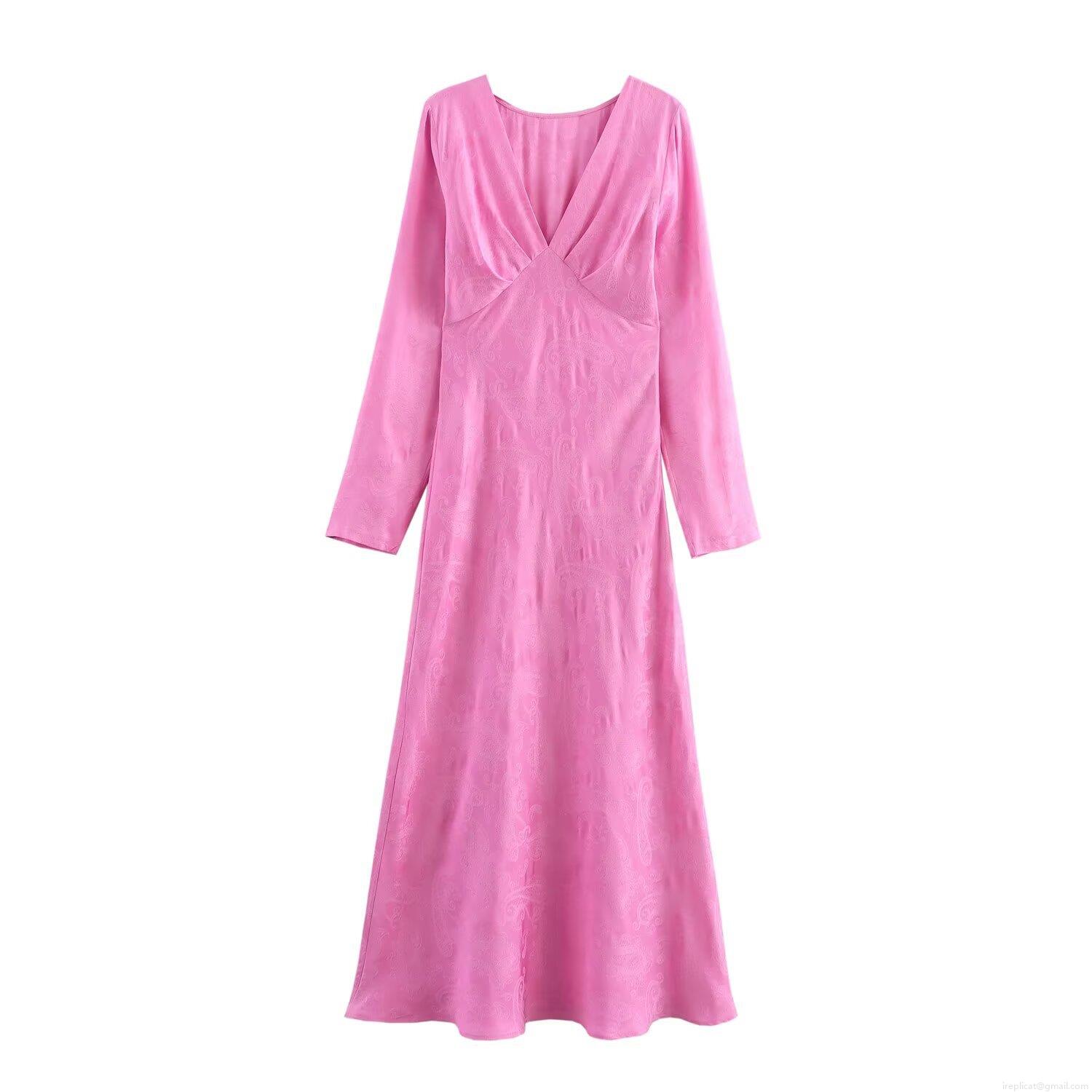 Women Elegant Pink Jacquard Satin V-Neck Midi Dress Long Sleeve A-Line Formal Party Gown European Fashion Streetwear Ladies Spring Clothing Women Elegant Pink Jacquard Satin V-Neck Midi Dress Long Sleeve A-Line Formal Party Gown European Fashion Streetwear Ladies Spring Clothing