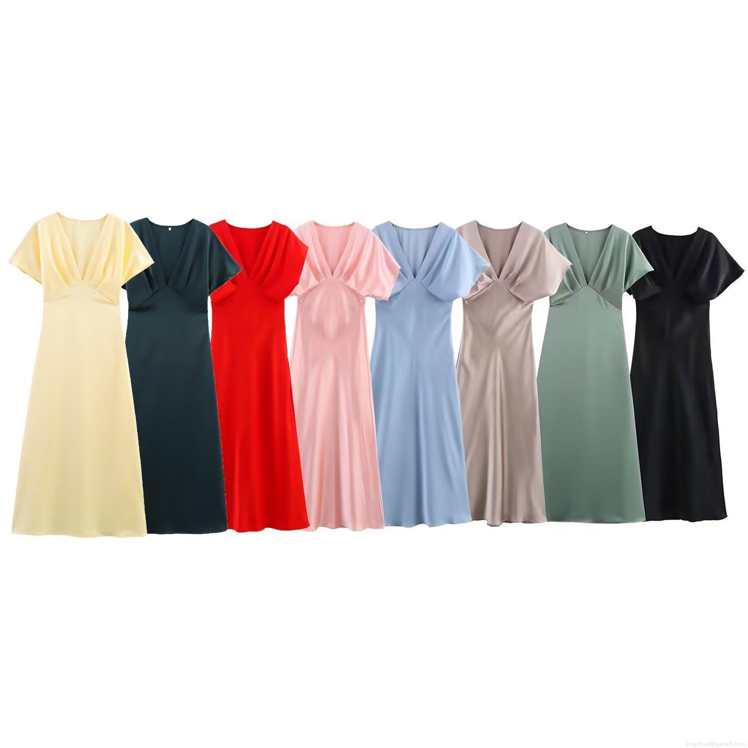 Women\'s Elegant V Neck Satin Midi Dress Short Sleeve Pleated Silky Texture A-Line Dress For Party Daily Dating Office Summer Spring Women\'s Elegant V Neck Satin Midi Dress Short Sleeve Pleated Silky Texture A-Line Dress For Party Daily Dating Office Summer Spring