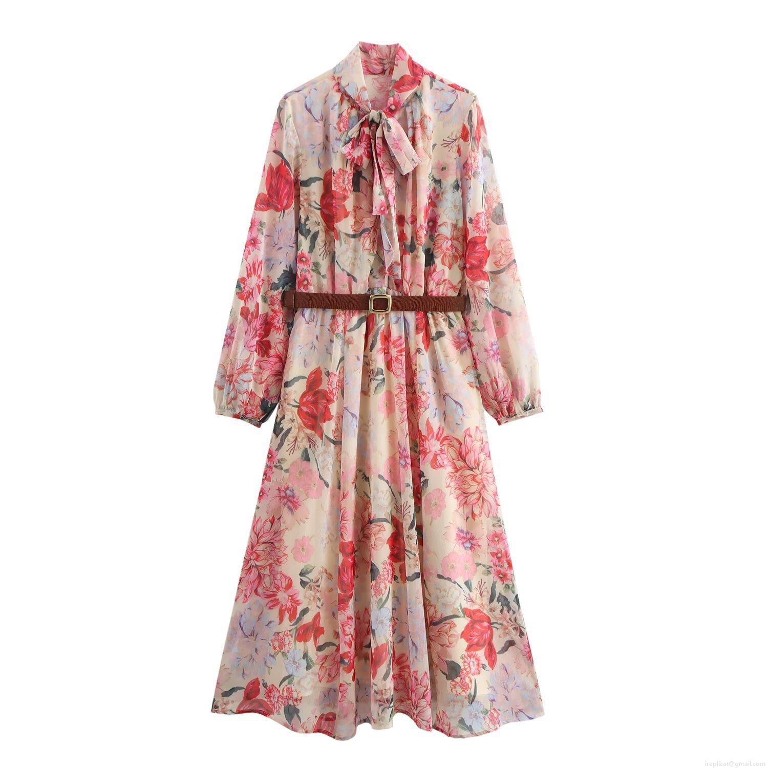 Women's Elegant Floral Print Midi Dress With Belt V-Neck Long Sleeve Polyester Chiffon Long A-Line Dress For Spring Summer Vacation Casual Street Wear Women's Elegant Floral Print Midi Dress With Belt V-Neck Long Sleeve Polyester Chiffon Long A-Line Dress For Spring Summer Vacation Casual Street Wear