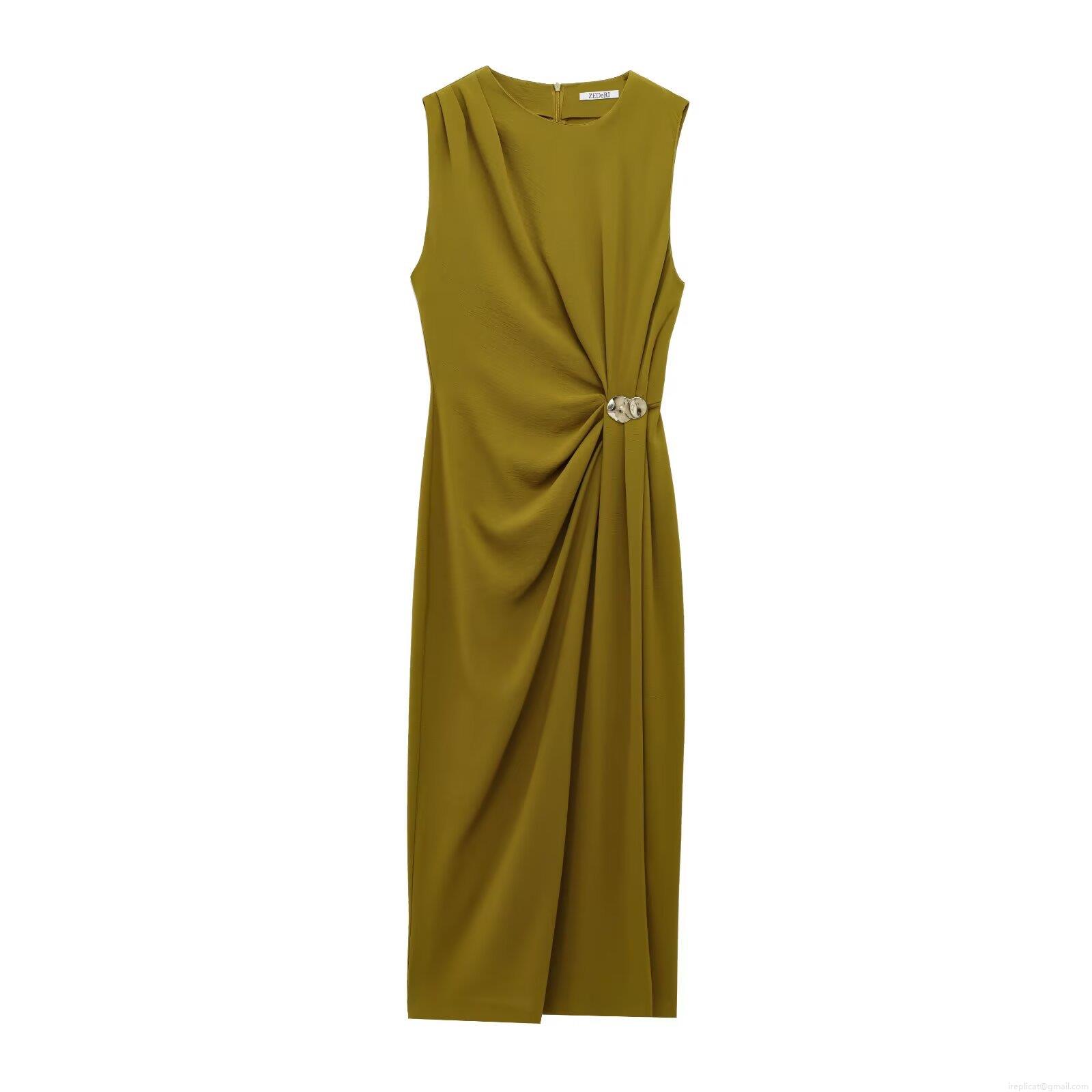 Women Sleeveless Round Neck Midi Dress With Pleated Waist Metal Buckle Decoration Polyester Crepe Elegant Street Style Casual Solid Color Dress Women Sleeveless Round Neck Midi Dress With Pleated Waist Metal Buckle Decoration Polyester Crepe Elegant Street Style Casual Solid Color Dress