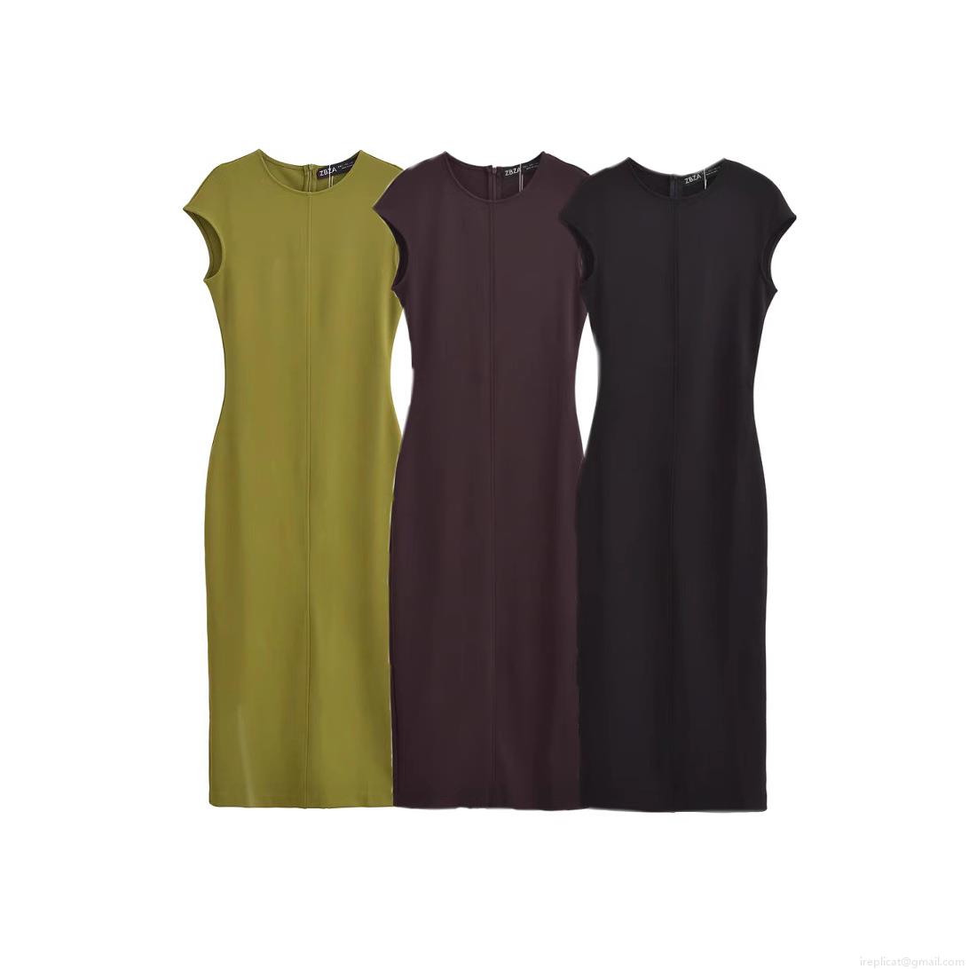 Women Sleeveless Round Neck Midi Dress Slim Fit Polyester Crepe Bodycon Dress Back Slit Zipper Summer Casual Streetwear Party Dress