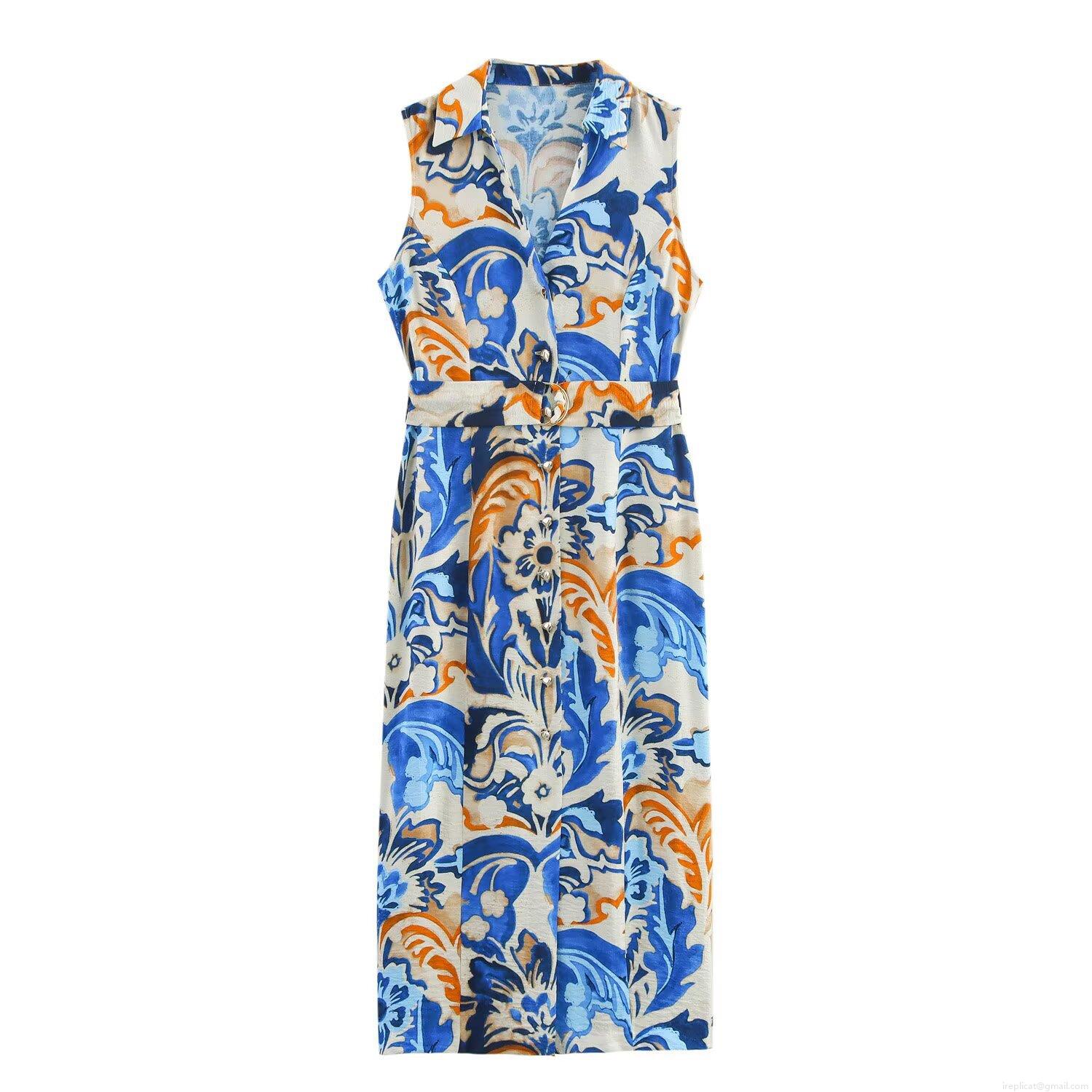 Women Summer Bohemian Sleeveless Floral Print Midi Dress V-Neck Single-Breasted Slit Waist Tie Linen Polyester Blend Dress For Holiday Beach Party Women Summer Bohemian Sleeveless Floral Print Midi Dress V-Neck Single-Breasted Slit Waist Tie Linen Polyester Blend Dress For Holiday Beach Party