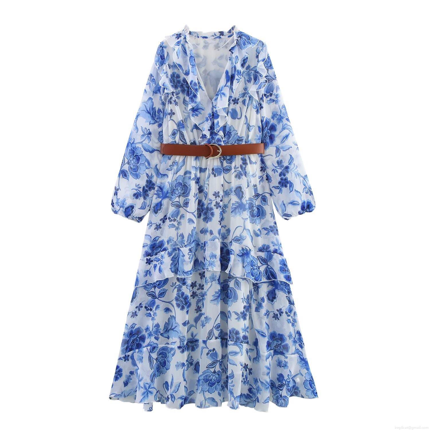 Women V-Neck Floral Print Midi Dress With Belt Long Lantern Sleeve Chiffon Ruffle Tiered Skirt Bohemian Summer Vacation Party Casual Dress Women V-Neck Floral Print Midi Dress With Belt Long Lantern Sleeve Chiffon Ruffle Tiered Skirt Bohemian Summer Vacation Party Casual Dress