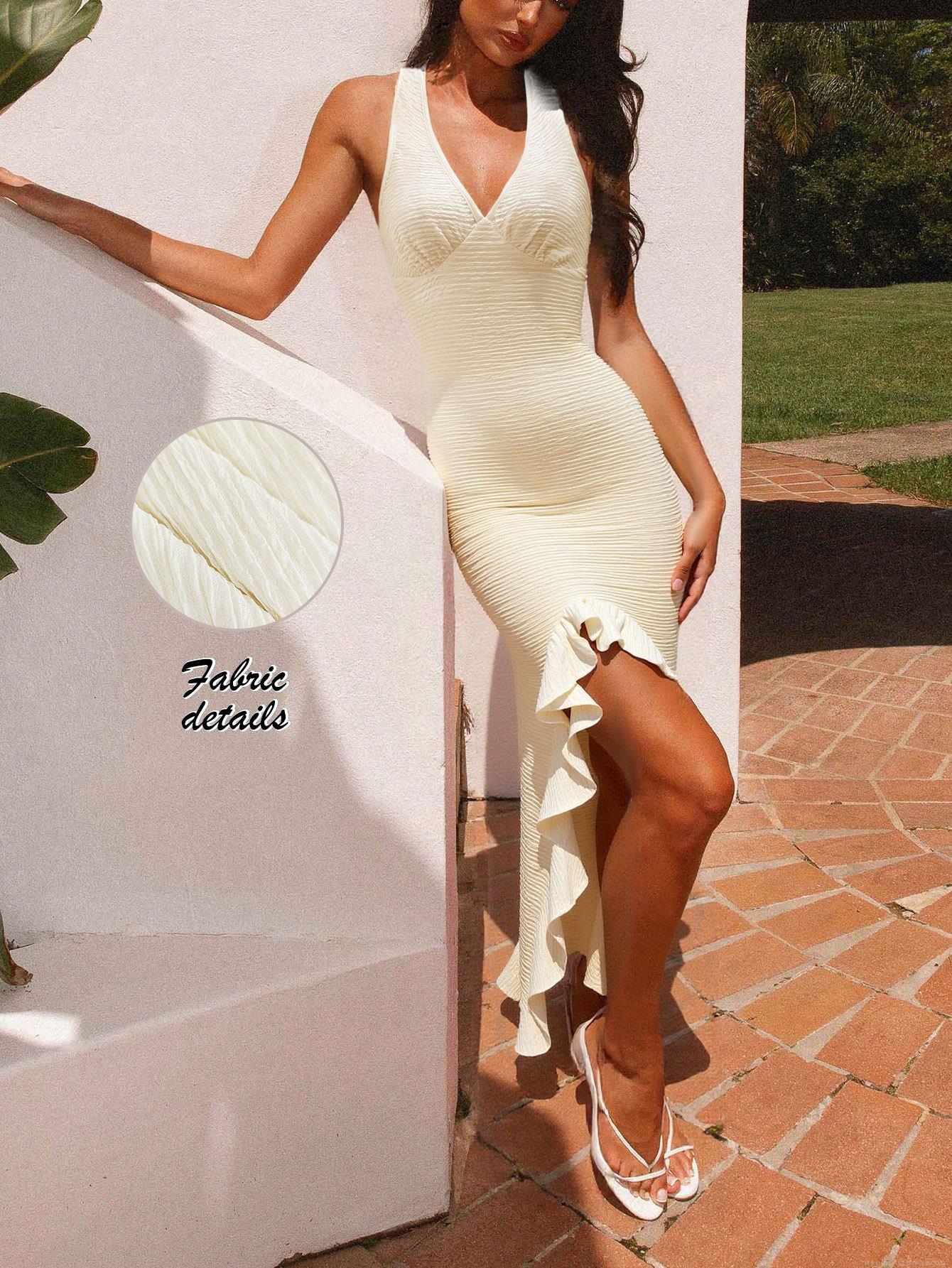 French Elegant V-Neck Backless Sleeveless Dress Women Summer Sexy Ruffle High Slit Pleated Bodycon Midi Dress For Vacation Party Polyester Elastane Dress French Elegant V-Neck Backless Sleeveless Dress Women Summer Sexy Ruffle High Slit Pleated Bodycon Midi Dress For Vacation Party Polyester Elastane Dress