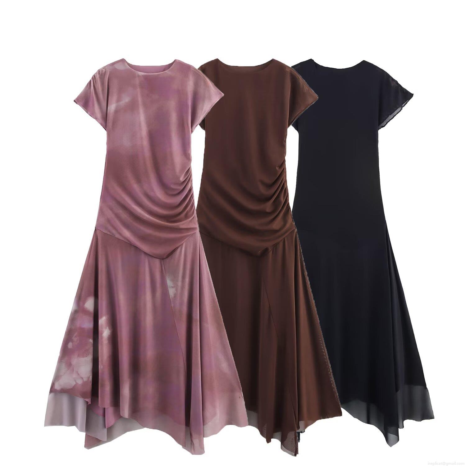 Women's Summer Sleeveless Stand Collar Midi Dress Elegant High Waist Asymmetric Pleated Mesh Dress Solid Color Flowy A-Line Party Dress