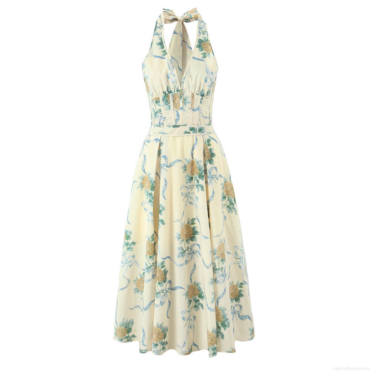 Women Halter Neck Floral Midi Dress Retro Yellow Rose Ribbon Print Deep V Neck Backless Bow Tie A-Line Cotton Blend Sundress For Summer Vacation Beach Party Streetwear Women Halter Neck Floral Midi Dress Retro Yellow Rose Ribbon Print Deep V Neck Backless Bow Tie A-Line Cotton Blend Sundress For Summer Vacation Beach Party Streetwear