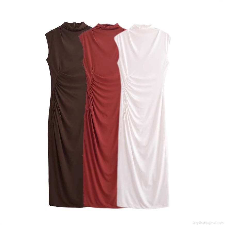 Women's Sleeveless Mock Neck Ruched Midi Dress Solid Color Stretchy Side Slit Slim Fit Bodycon Party Dress With Back Zipper Women's Sleeveless Mock Neck Ruched Midi Dress Solid Color Stretchy Side Slit Slim Fit Bodycon Party Dress With Back Zipper