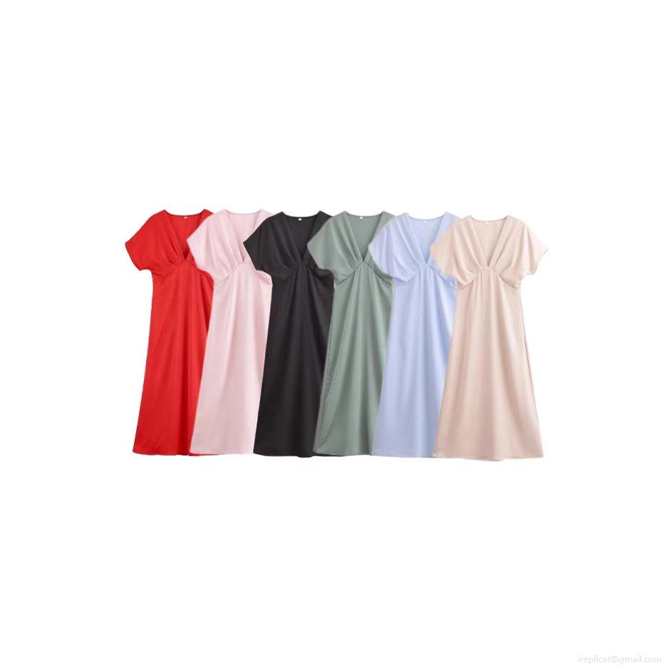 Elegant Women V Neck Satin Midi Dress Short Sleeve Ruched Waist Solid Color Summer Party Cocktail Evening Dresses For Ladies Elegant Women V Neck Satin Midi Dress Short Sleeve Ruched Waist Solid Color Summer Party Cocktail Evening Dresses For Ladies