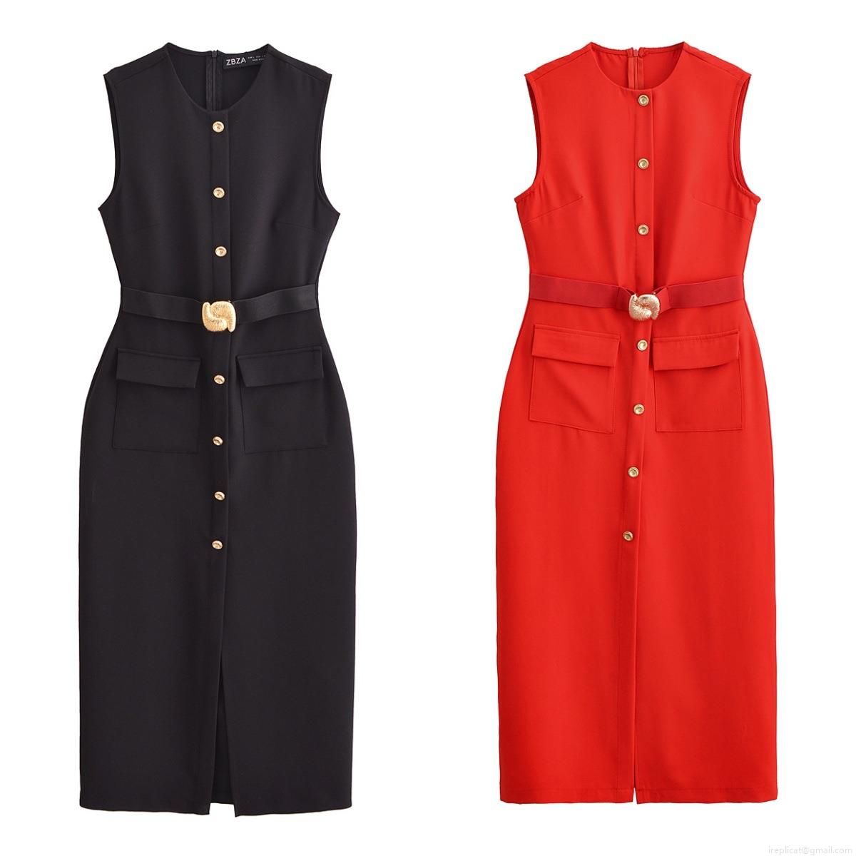 Women Sleeveless Midi Dress With Belt Gold Button Decoration Round Neck Solid Color Polyester Bodycon Dress For Office Party Daily Wear Women Sleeveless Midi Dress With Belt Gold Button Decoration Round Neck Solid Color Polyester Bodycon Dress For Office Party Daily Wear