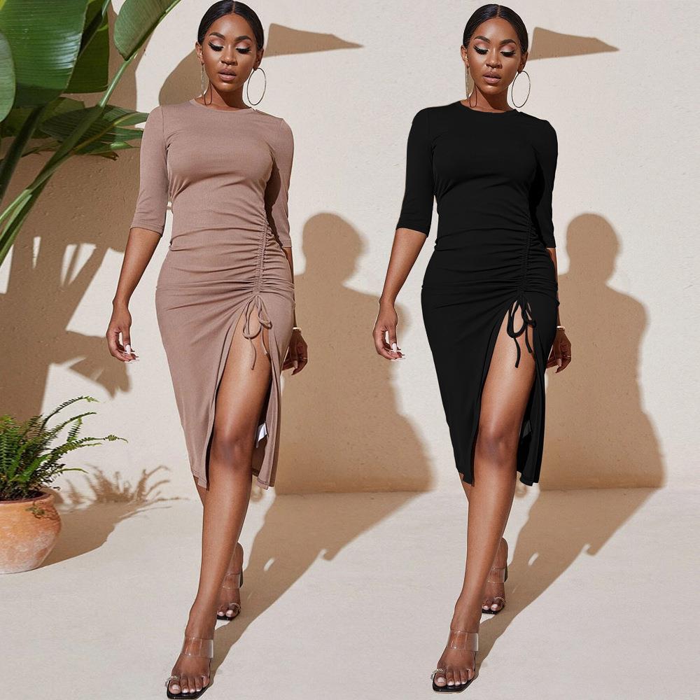 Women's Elegant Knitted Midi Dress Viscose Polyester Side Drawstring High Split Slim Fit Sexy Round Neck Half Sleeve Bodycon Casual Commute Dress Women's Elegant Knitted Midi Dress Viscose Polyester Side Drawstring High Split Slim Fit Sexy Round Neck Half Sleeve Bodycon Casual Commute Dress