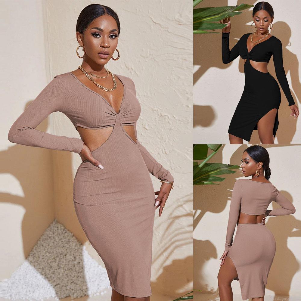 Sexy Hollow Out V-Neck Long Sleeve Midi Dress Ribbed Knit Polyester Slim Fit Side Slit Evening Party Bodycon Dress For Women Sexy Hollow Out V-Neck Long Sleeve Midi Dress Ribbed Knit Polyester Slim Fit Side Slit Evening Party Bodycon Dress For Women