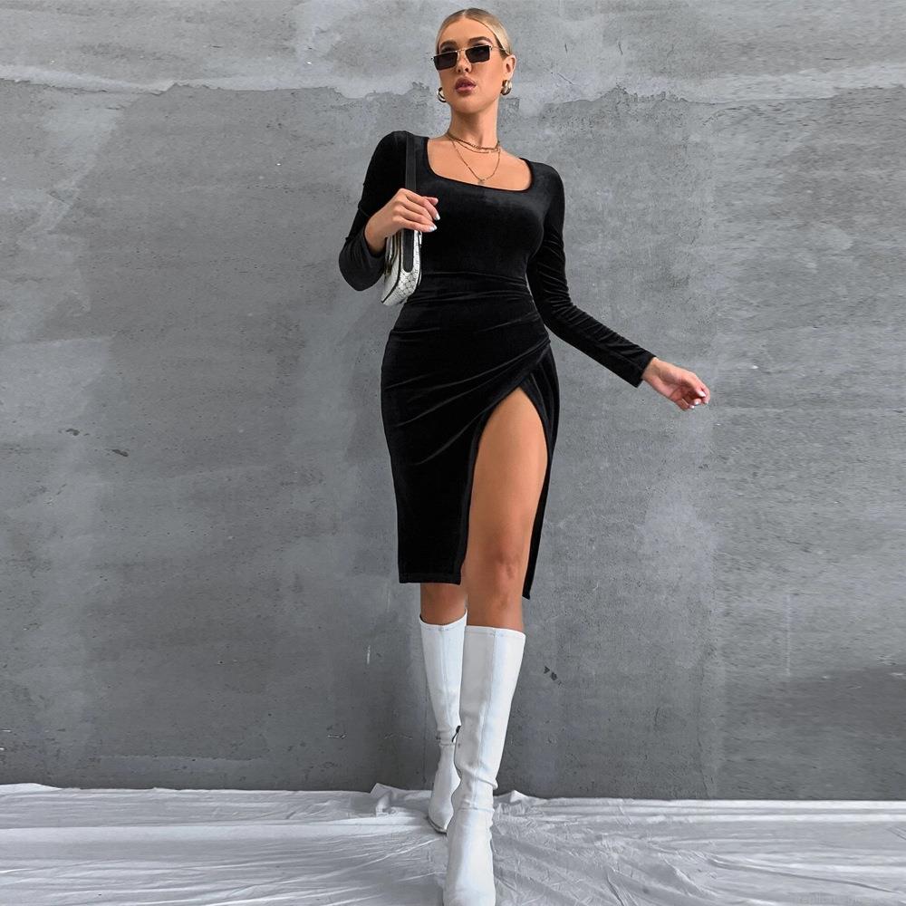 Women Elegant Velvet Midi Dress Sexy Square Neck Long Sleeve Side Split Slim Fit Bodycon Party Evening Dress Polyester Solid Color Dress Women Elegant Velvet Midi Dress Sexy Square Neck Long Sleeve Side Split Slim Fit Bodycon Party Evening Dress Polyester Solid Color Dress