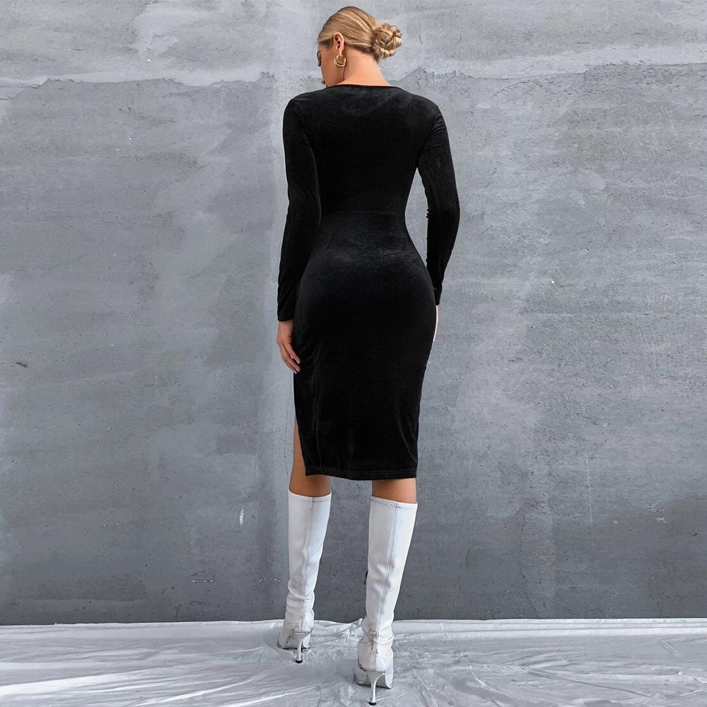 Women Elegant Velvet Midi Dress Sexy Square Neck Long Sleeve Side Split Slim Fit Bodycon Party Evening Dress Polyester Solid Color Dress
