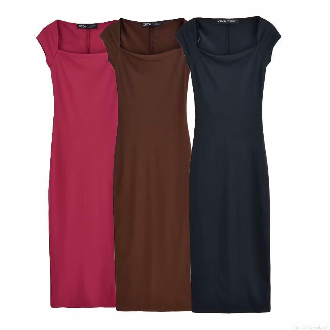 Women's Elegant Square Neck Short Sleeve Midi Dress Slim Fit Solid Color Polyester A-Line Dress For Streetwear Party Date Night Fashion Women's Elegant Square Neck Short Sleeve Midi Dress Slim Fit Solid Color Polyester A-Line Dress For Streetwear Party Date Night Fashion