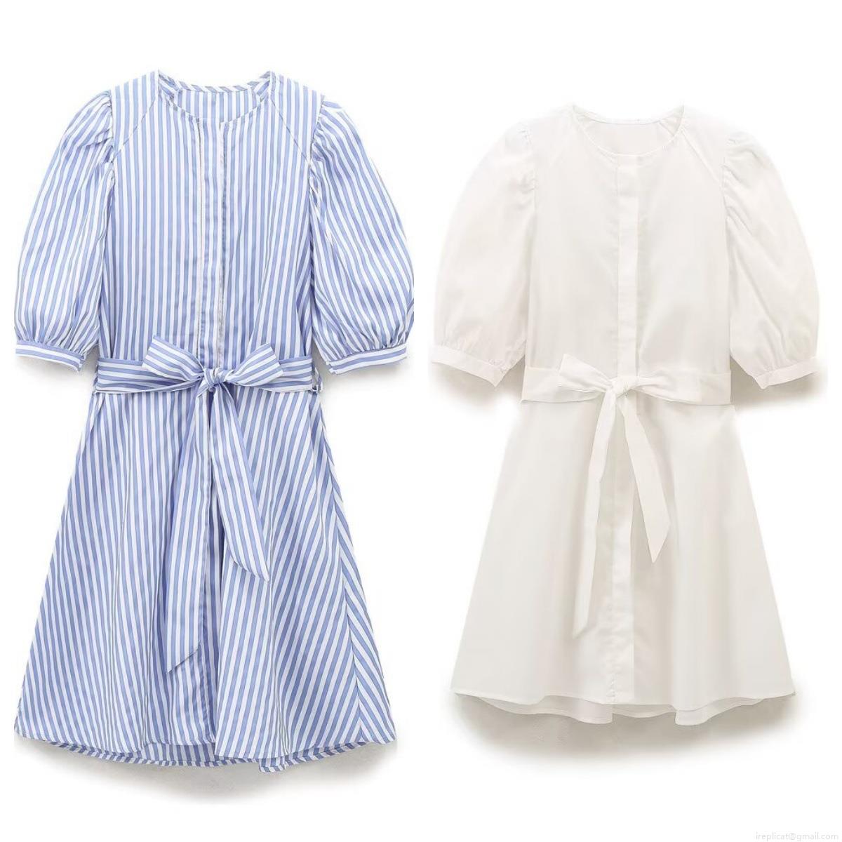 Women Round Neck Puff Sleeve Striped Midi Dress With Belt Cotton Blend Short Sleeve A-Line Button Down Casual Dress For Summer Vacation Office Women Round Neck Puff Sleeve Striped Midi Dress With Belt Cotton Blend Short Sleeve A-Line Button Down Casual Dress For Summer Vacation Office