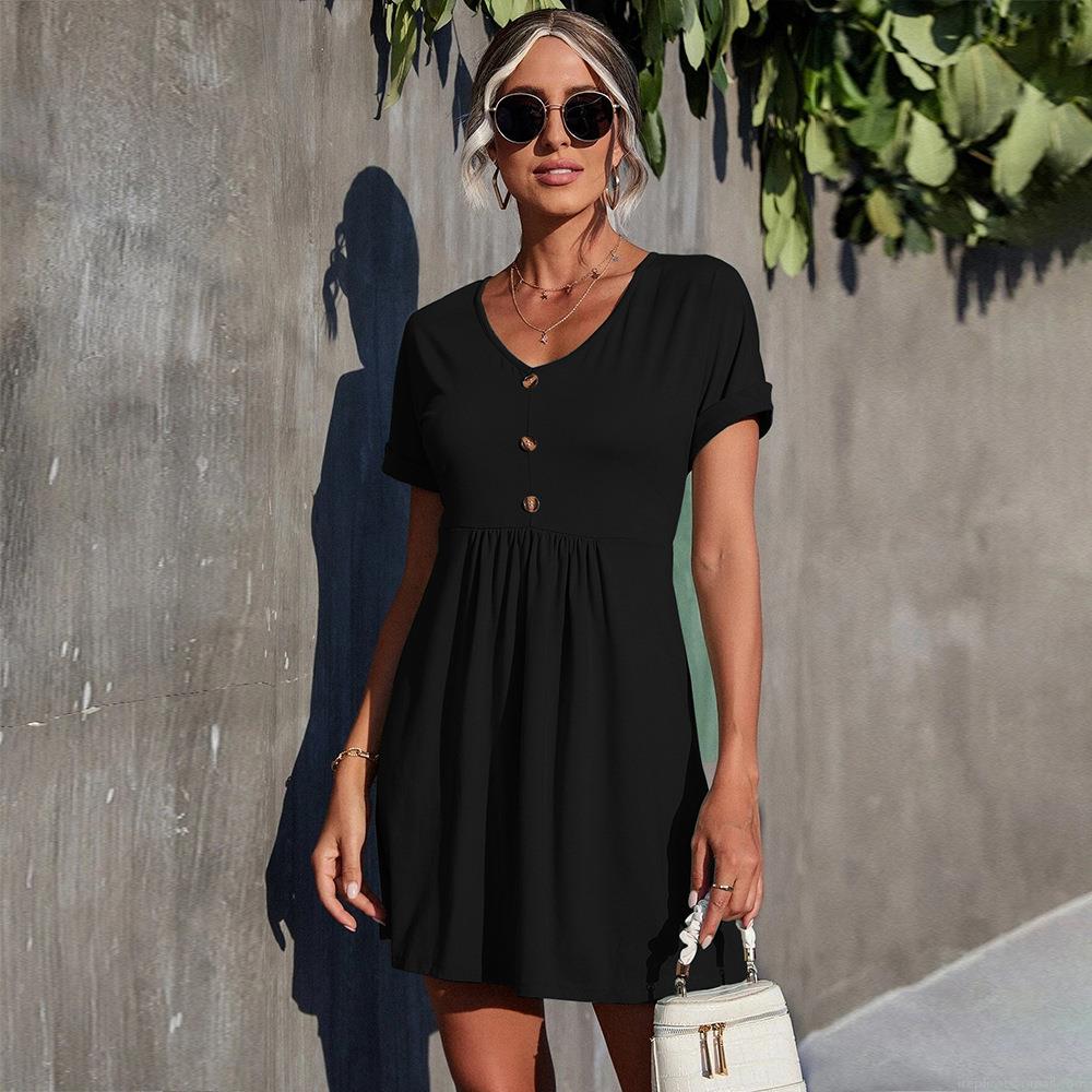 Women's Elegant V-Neck Short Sleeve Dress Casual Solid Color Cotton Blend Knit Dress With Buttons Decor High Waist Pleated Midi Dress For Office Daily Wear Women's Elegant V-Neck Short Sleeve Dress Casual Solid Color Cotton Blend Knit Dress With Buttons Decor High Waist Pleated Midi Dress For Office Daily Wear