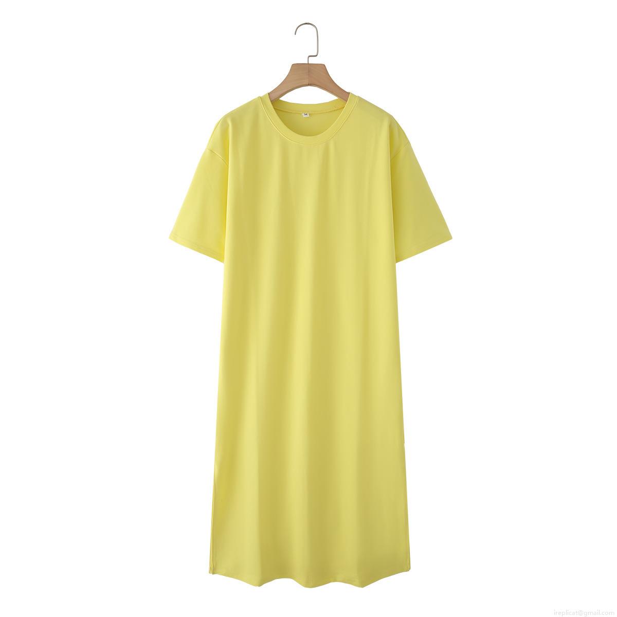 Women\'s Casual Cotton Blend Short Sleeve T-Shirt Dress With Side Slit Round Neck Maxi Midi Dresses Basic Solid Color Streetwear Summer Loose Fit Sundress