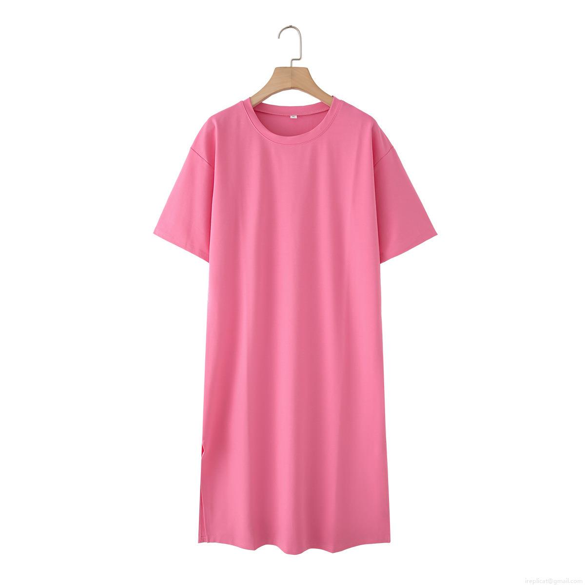 Women\'s Casual Cotton Blend Short Sleeve T-Shirt Dress With Side Slit Round Neck Maxi Midi Dresses Basic Solid Color Streetwear Summer Loose Fit Sundress