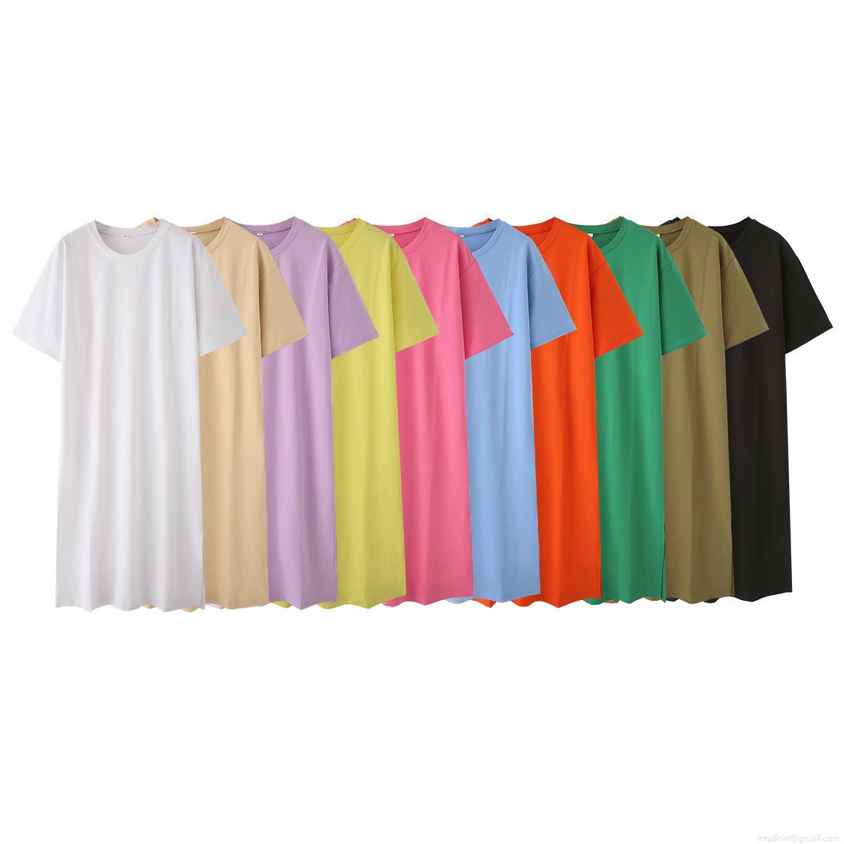 Women\'s Casual Cotton Blend Short Sleeve T-Shirt Dress With Side Slit Round Neck Maxi Midi Dresses Basic Solid Color Streetwear Summer Loose Fit Sundress