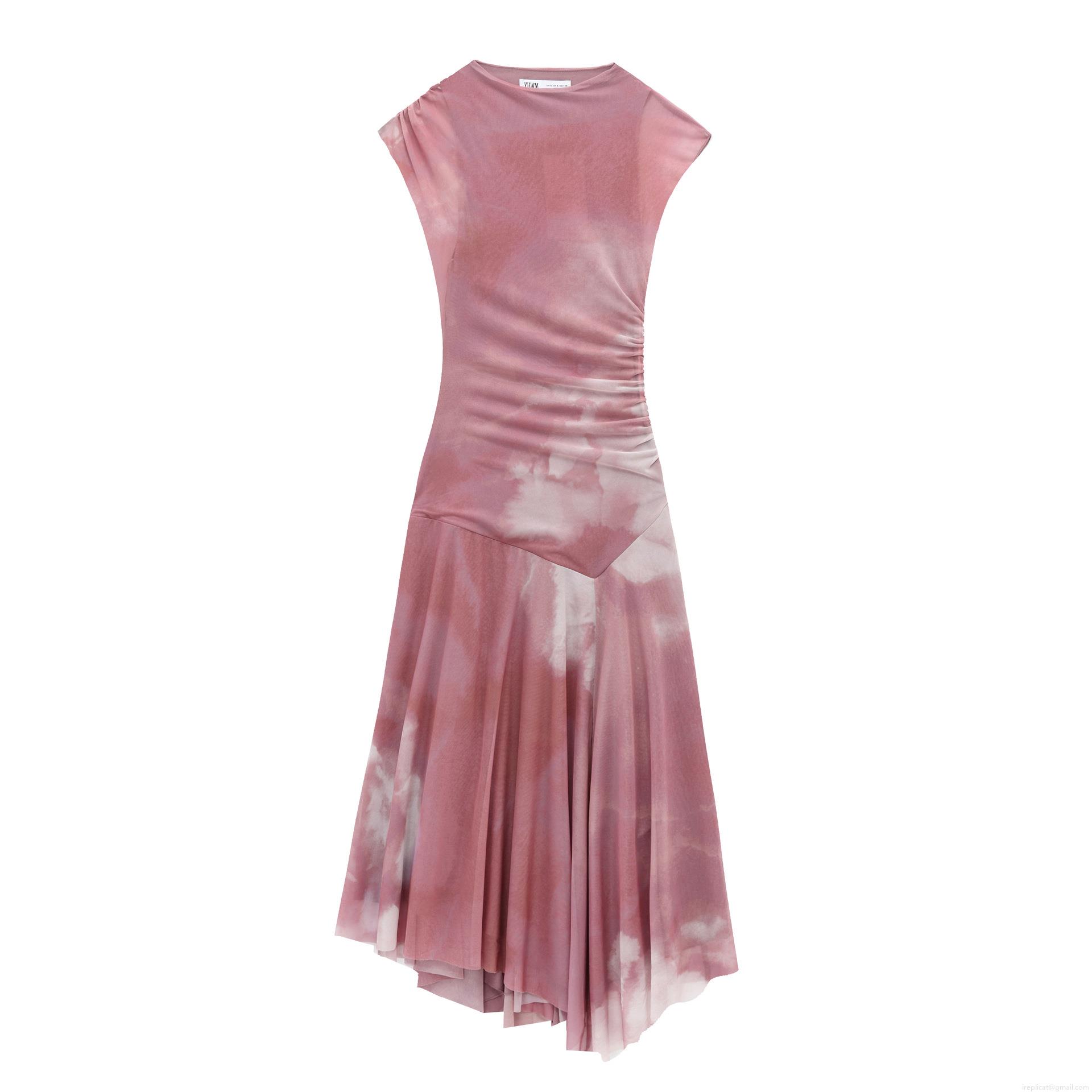 Women\'s Mesh Sleeveless Midi Dress Irregular Hem Ruched Bodycon Dress Elegant Tie-dye Printed Summer Party Clubwear Streetwear For Ladies