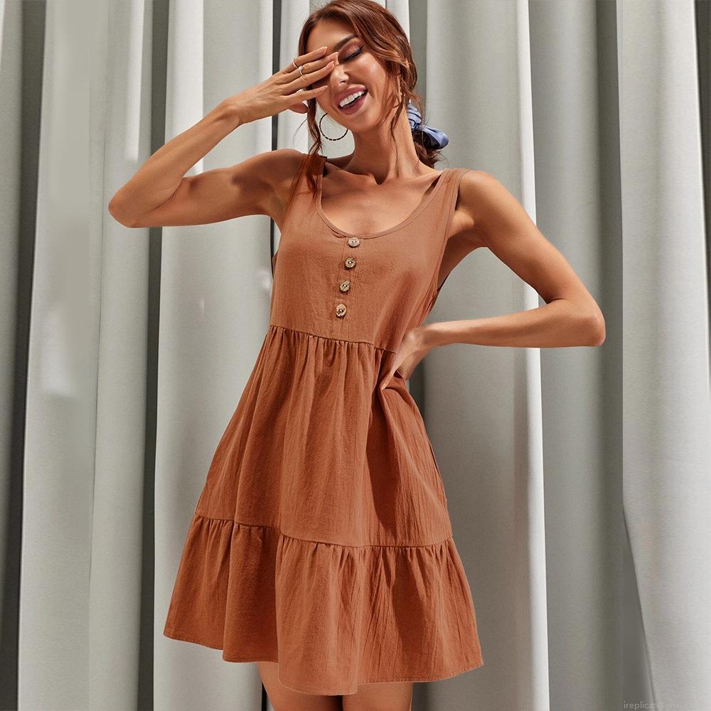Women's Sleeveless Midi Dress V-Neck Tiered Cake Skirt Cotton Blend Boho Summer Casual Vacation Dress Elegant Ginger Brown Button Detail Women's Sleeveless Midi Dress V-Neck Tiered Cake Skirt Cotton Blend Boho Summer Casual Vacation Dress Elegant Ginger Brown Button Detail