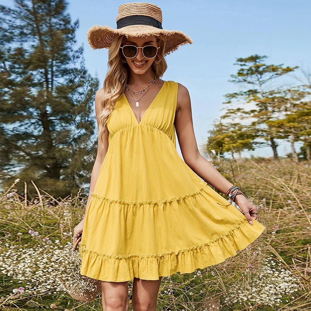 Women Summer Yellow V Neck Sleeveless Midi Dress Cotton Blend Backless Ruffle Layered Hem Pastoral Beach Resort Dress For Women Women Summer Yellow V Neck Sleeveless Midi Dress Cotton Blend Backless Ruffle Layered Hem Pastoral Beach Resort Dress For Women