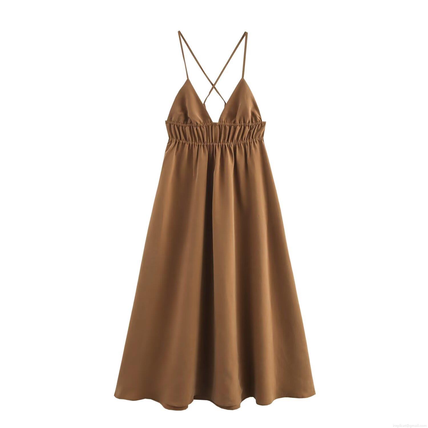 Women's Backless Satin Cami Midi Dress Cross Straps V Neck Ruched Waist Sexy Bodycon Sundress Deep Brown Evening Party Dress Summer Outfits For Women Women's Backless Satin Cami Midi Dress Cross Straps V Neck Ruched Waist Sexy Bodycon Sundress Deep Brown Evening Party Dress Summer Outfits For Women