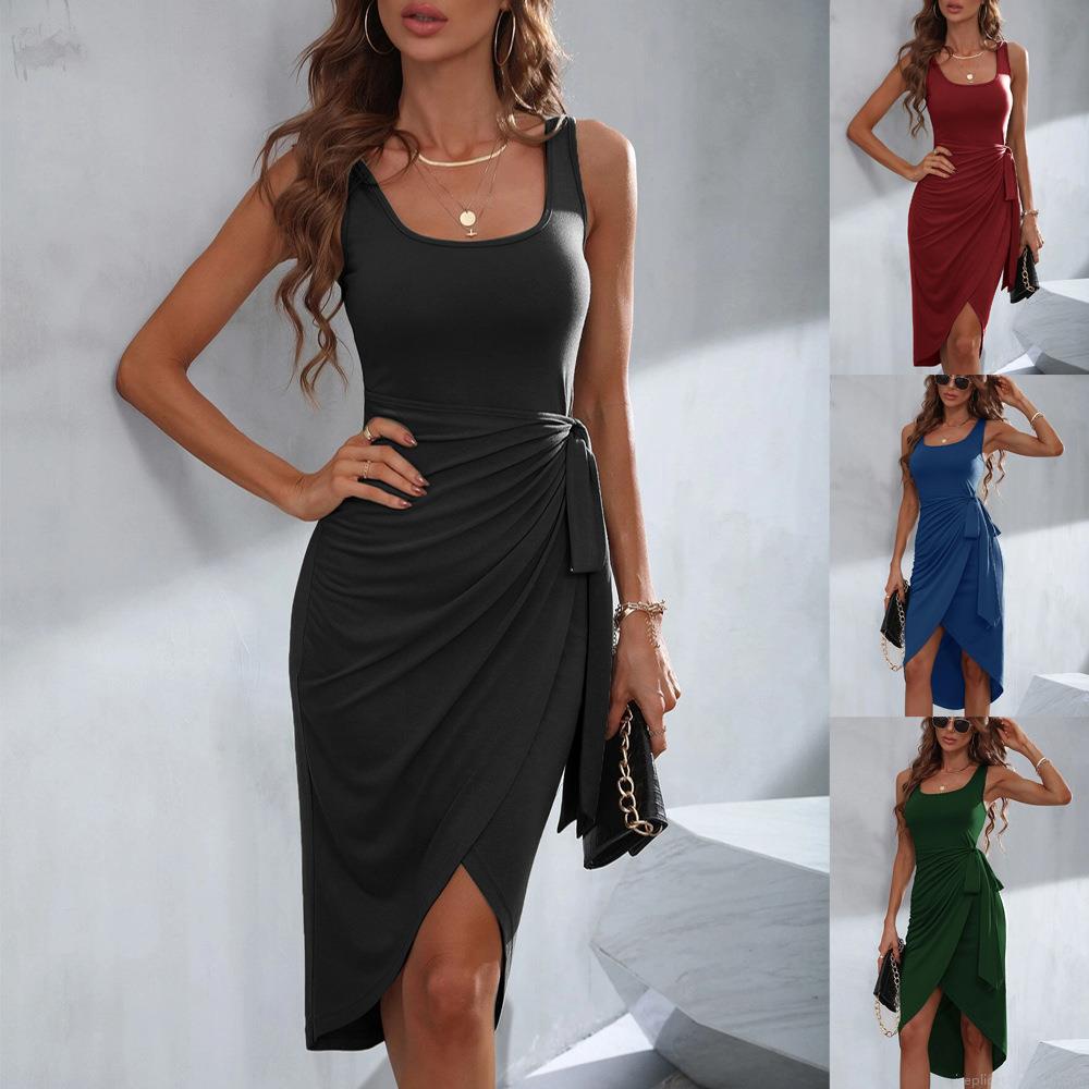 Women's Sleeveless Wrap Midi Dress Slim Fit Ruched Side Tie Asymmetric Hem Knitted Solid Color Summer Elegant Party Dress Women's Sleeveless Wrap Midi Dress Slim Fit Ruched Side Tie Asymmetric Hem Knitted Solid Color Summer Elegant Party Dress