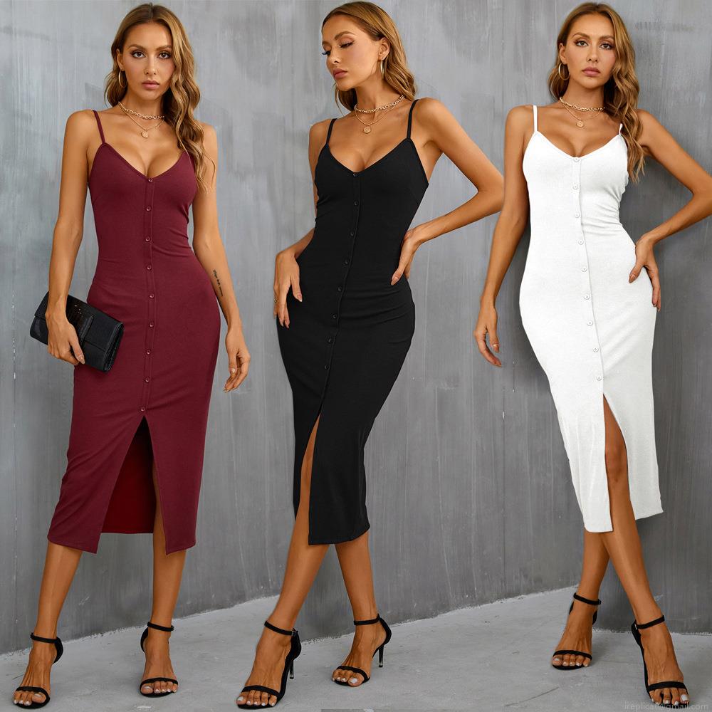 Sexy V-Neck Sleeveless Spaghetti Strap Bodycon Dress For Women Rayon Polyester Spandex Ribbed Knit Button Front Split Hem Midi Party Vacation Summer Dress Sexy V-Neck Sleeveless Spaghetti Strap Bodycon Dress For Women Rayon Polyester Spandex Ribbed Knit Button Front Split Hem Midi Party Vacation Summer Dress