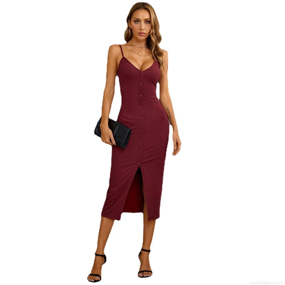 Sexy V-Neck Sleeveless Spaghetti Strap Bodycon Dress For Women Rayon Polyester Spandex Ribbed Knit Button Front Split Hem Midi Party Vacation Summer Dress
