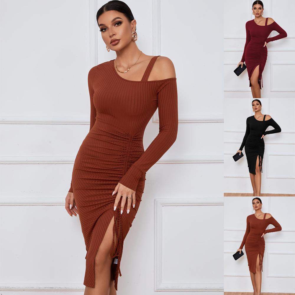 Women Sexy Off Shoulder Ruched Drawstring Midi Dress Ribbed Knit Long Sleeve Split Bodycon Party Clubwear Dresses Elegant Tight Evening Cocktail Gown Women Sexy Off Shoulder Ruched Drawstring Midi Dress Ribbed Knit Long Sleeve Split Bodycon Party Clubwear Dresses Elegant Tight Evening Cocktail Gown
