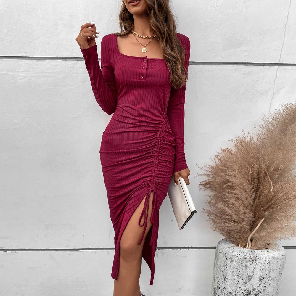 Women Elegant Knitted Long Sleeve Midi Dress Square Neck Ribbed Solid Burgundy Side Drawstring High Slit Slim Fit Dress for Party Commute Women Elegant Knitted Long Sleeve Midi Dress Square Neck Ribbed Solid Burgundy Side Drawstring High Slit Slim Fit Dress for Party Commute