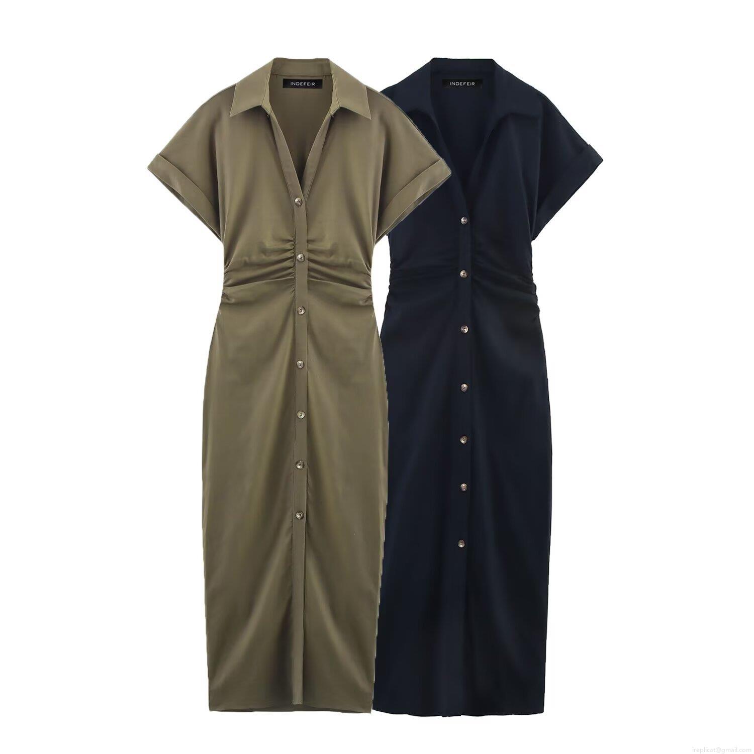 Women's European American Style Lapel Short Sleeve Single Breasted Pleated Midi Dress Casual Streetwear Solid Color Polyester Shirt Dress Women's European American Style Lapel Short Sleeve Single Breasted Pleated Midi Dress Casual Streetwear Solid Color Polyester Shirt Dress