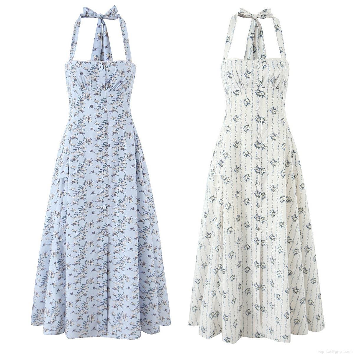 Women\'s Summer Halter Neck Cotton Dress Backless Floral Bee Print Button Front A-Line Midi Dress For Casual Vacation Beach Party Women\'s Summer Halter Neck Cotton Dress Backless Floral Bee Print Button Front A-Line Midi Dress For Casual Vacation Beach Party
