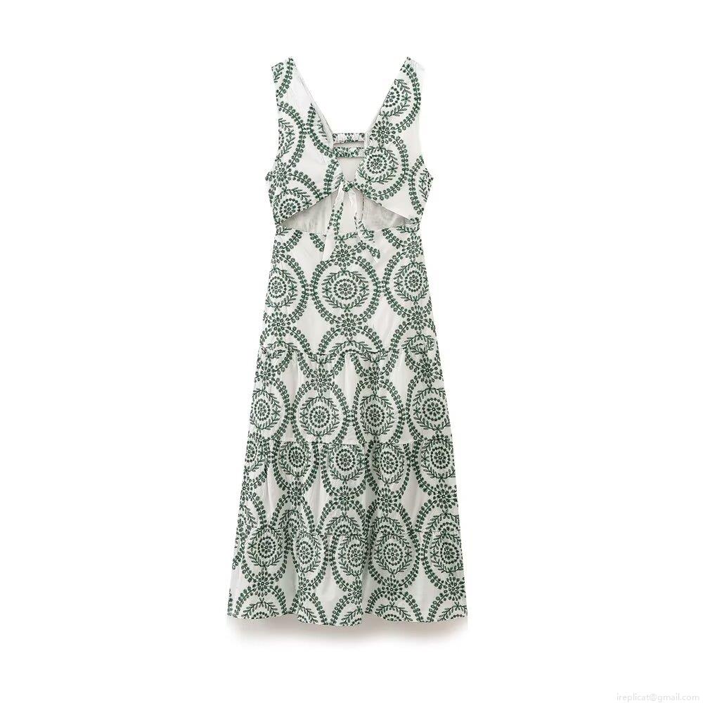 Women's White and Green Embroidery Midi Dress V Neck Sleeveless Hollow Out Tie Waist Tiered Cake Skirt Summer Boho Cotton Blend Casual Dress for Women Women's White and Green Embroidery Midi Dress V Neck Sleeveless Hollow Out Tie Waist Tiered Cake Skirt Summer Boho Cotton Blend Casual Dress for Women