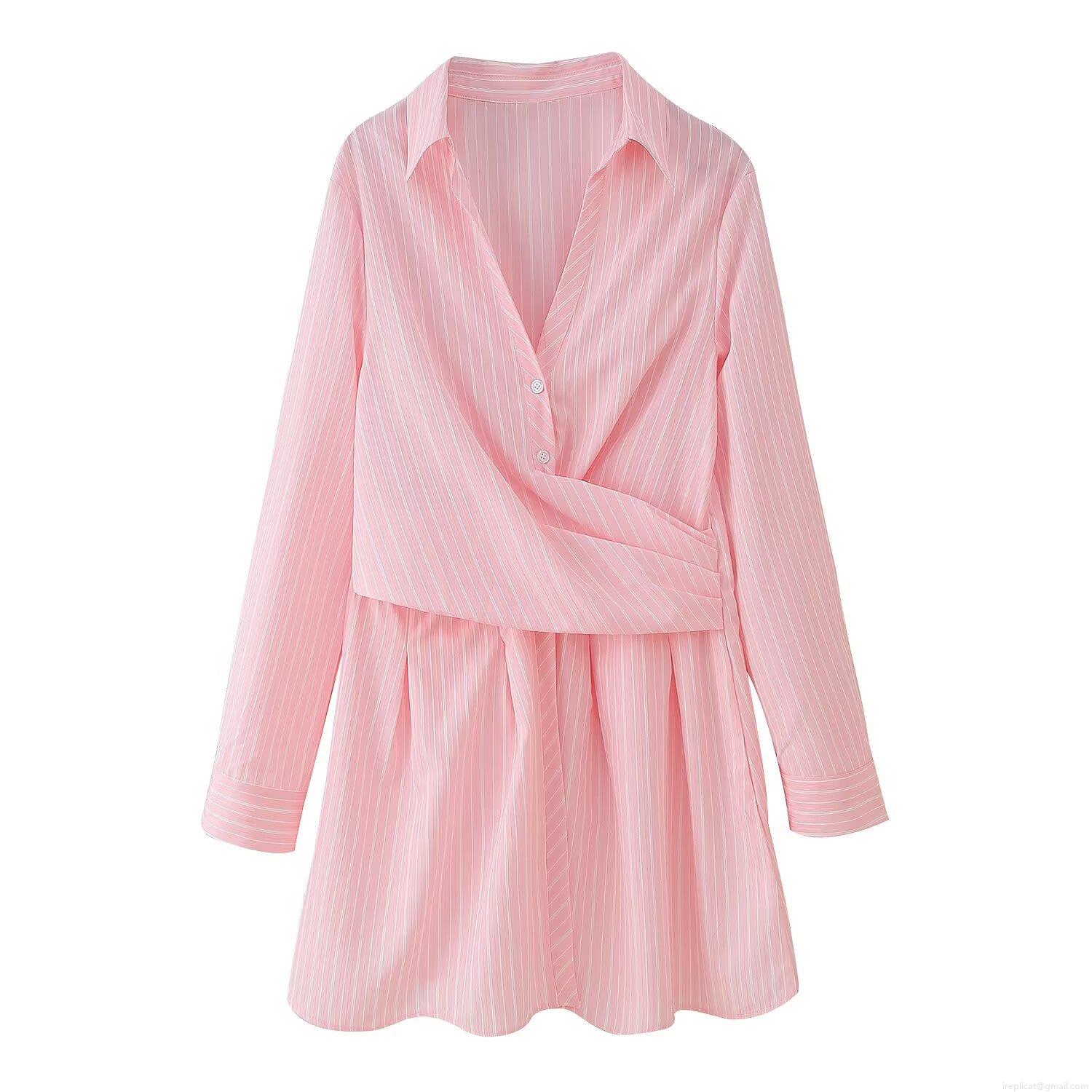 Women's European Style V-Neck Long Sleeve Pleated Shirt Dress Pink White Striped Midi Dress Polyester Blend Elegant Slim Fit Dresses For Spring Summer Women's European Style V-Neck Long Sleeve Pleated Shirt Dress Pink White Striped Midi Dress Polyester Blend Elegant Slim Fit Dresses For Spring Summer