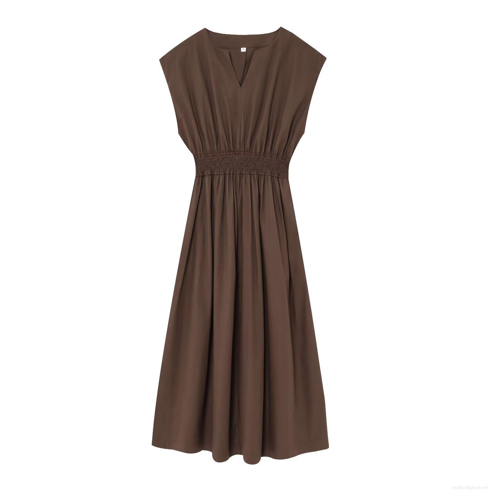 Women\'s V-Neck Sleeveless Midi Dress Polyester Cotton Blend Solid Color Elastic Waist Pleated Sheath Dress Casual Streetwear Party Dress